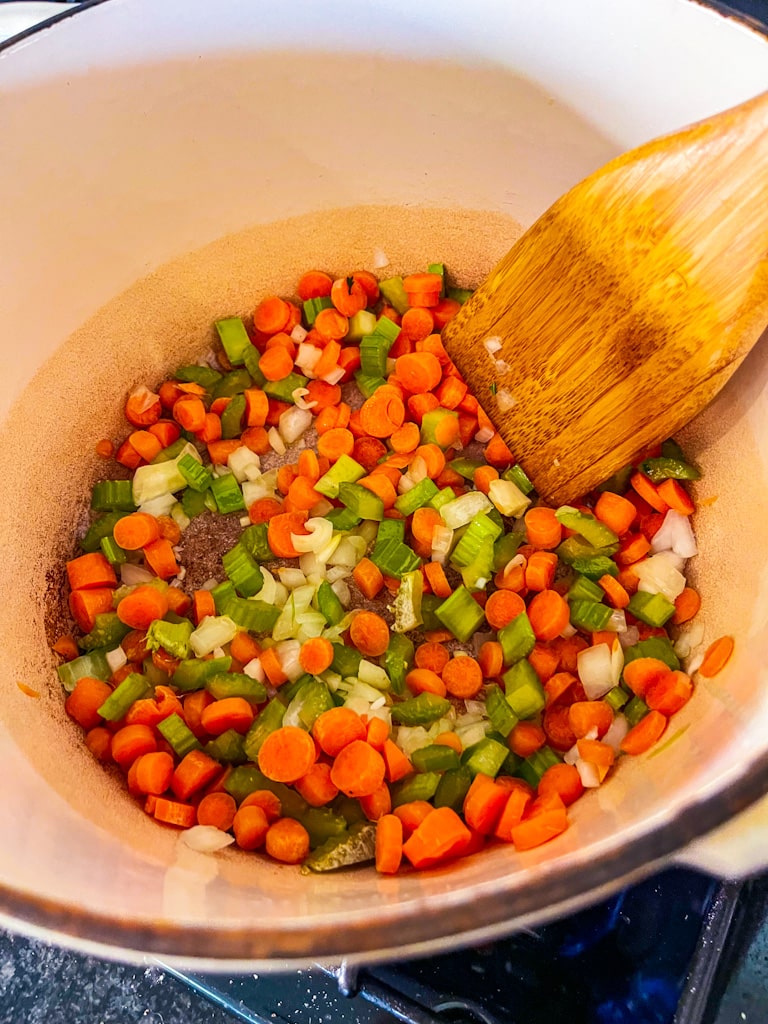 diced vegetables sauting in dutch oven