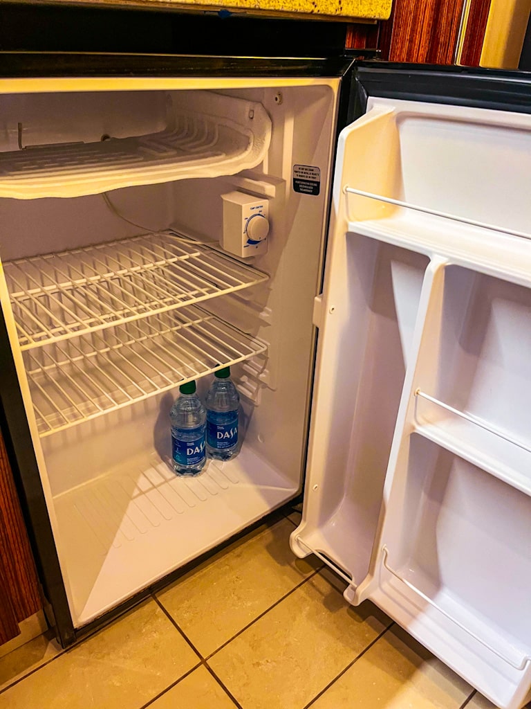 mini fridge with bottled water