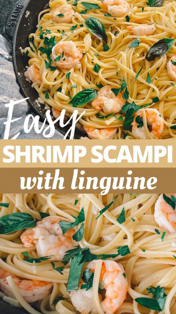 two pictures of easy shrimp scampi with linguine in pan