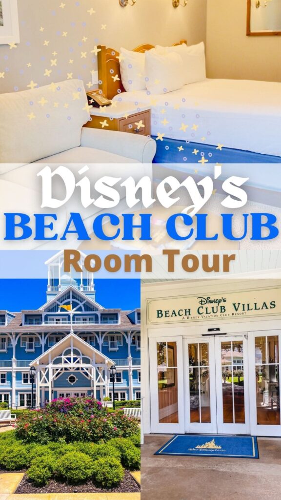 beach club room tour pin for pinterest shows 3 different pictures