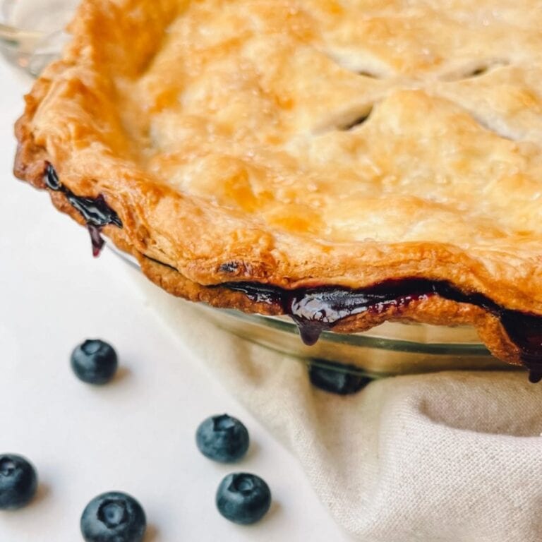 close up of blueberry pie and crust with loose blueberries surrounding pie dish