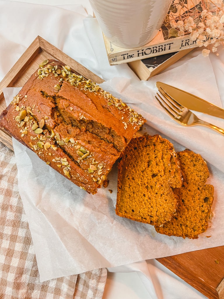 picture of Starbucks Dupe Pumpkin Loaf sliced with fork and knife