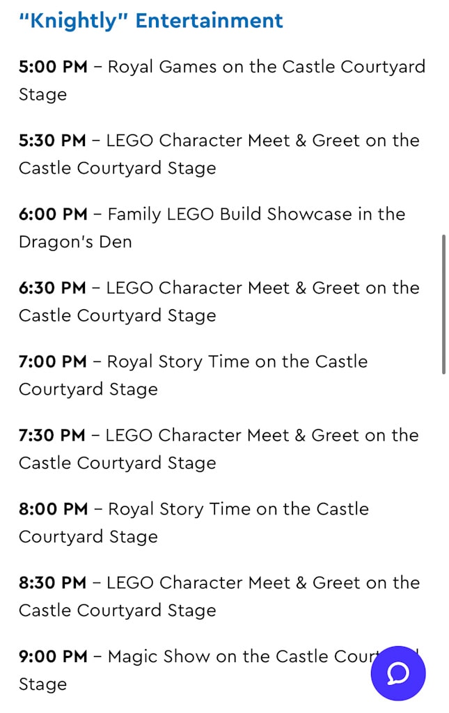 second screenshot of the legoland castle hotel morning and evening entertainment