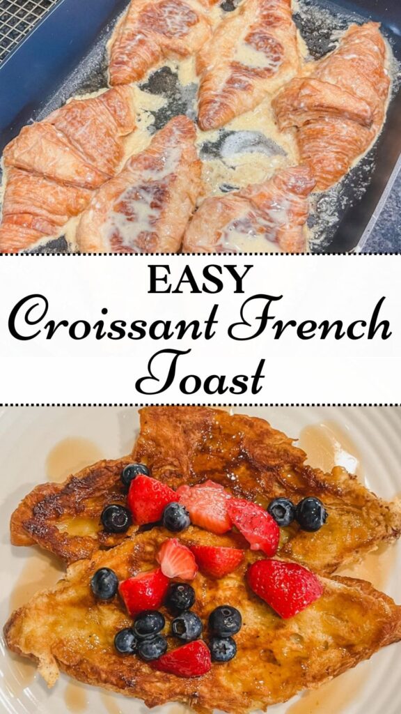 croissant french toast frying in skillet pin for pinterest