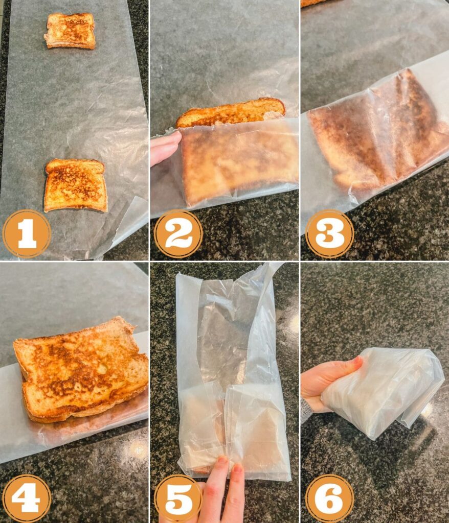 6 different photos showing the steps to properly freezing french toast.