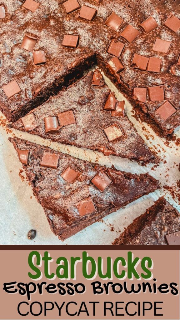 brownies cut into large triangle shapes on top of parchment paper with the text, "Starbucks Espresso Brownies Copycat Recipe" underneath