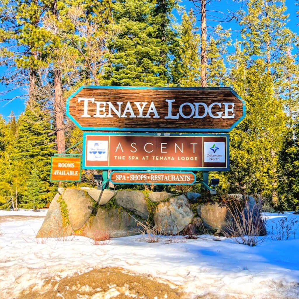 picture of Tenaya Lodge sign with snow and trees surrounding the sign.