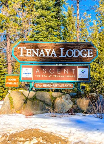 picture of Tenaya Lodge sign with snow and trees surrounding the sign.