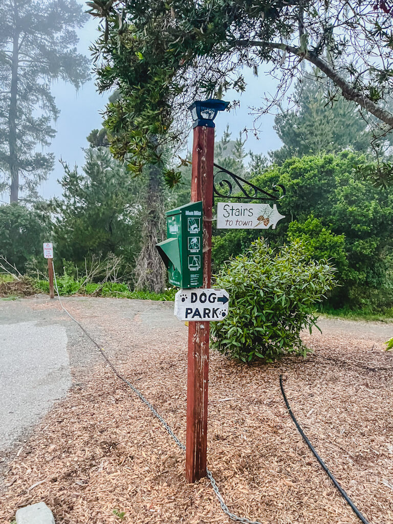 one of the outdoor signs pointing to the various areas at Cambria Pines Lodge.
