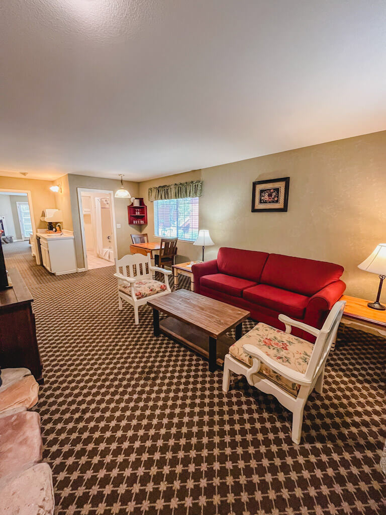 large suite living space area at Cambria Pines Lodge.