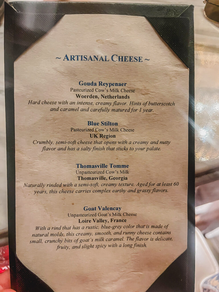 cheese menu and description at Enchanted Rose at Disney's Grand Floridian Resort & Spa.