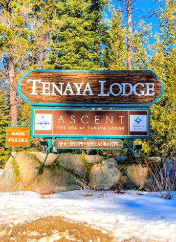 tenaya lodge sign outside surrounded by trees and snow.
