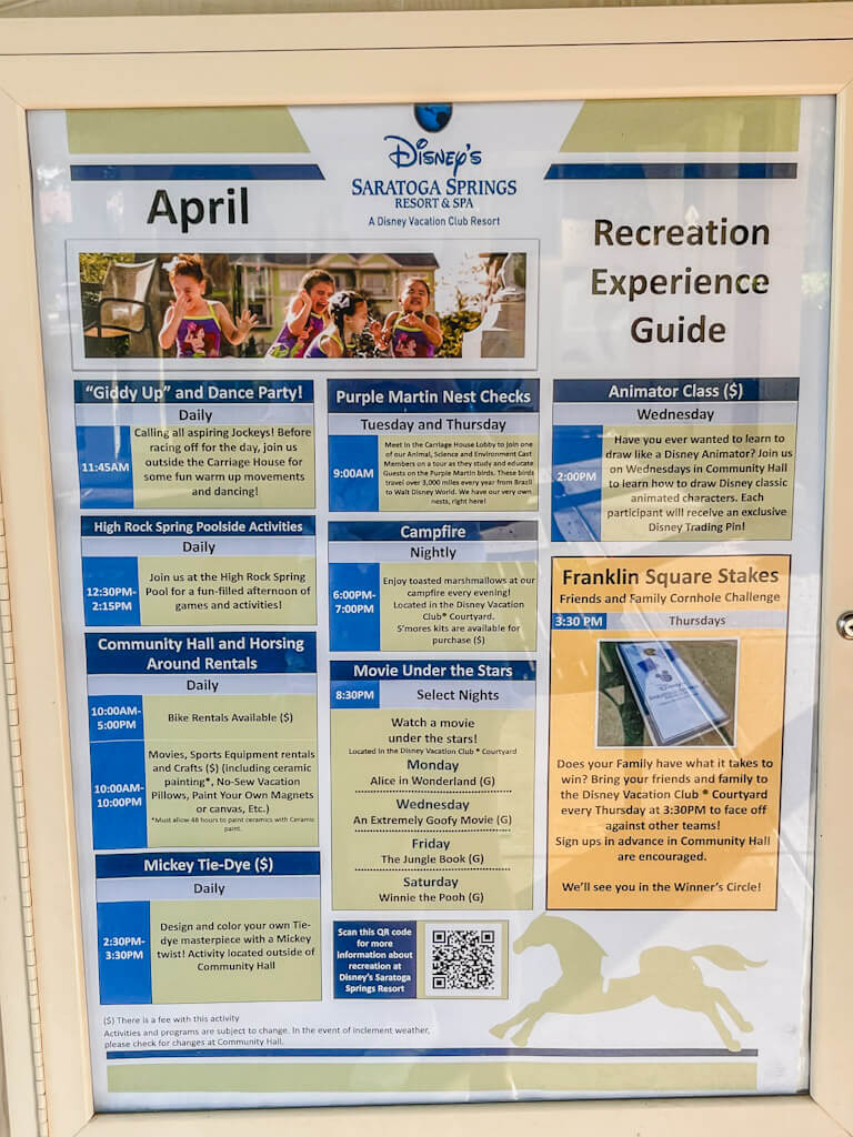Disney's Saratoga Springs recreation experience guide showing all of the activites and times at the resort.