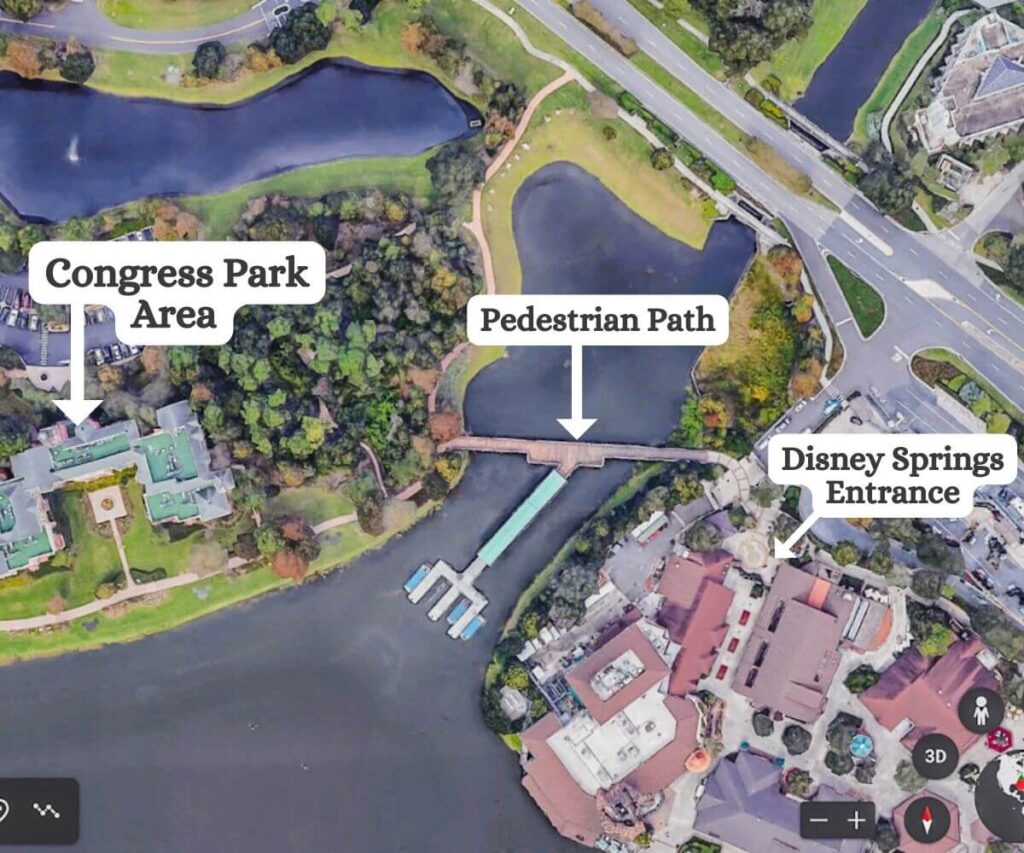 google earth map showing the walking path from Congress Park at disney's Saratoga Springs Resort to Disney Springs.