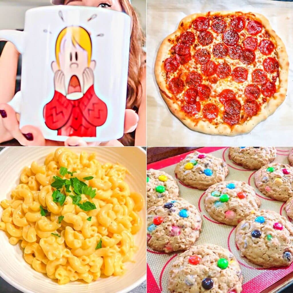 an image of a Kevin McCallister mug, a pepperoni pizza, a bowl of macaroni and cheese, and monster cookies for a home alone family movie night.