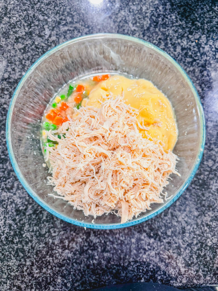 shredded chicken added to the bowl of soup mixture ingredients.