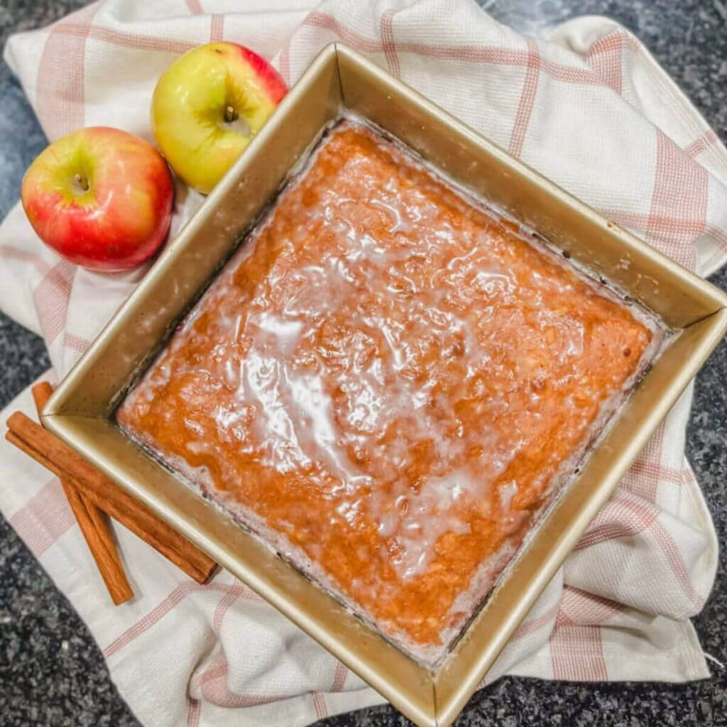 applesauce bars in a baking dish with apples and cinnamon sticks around the pan.