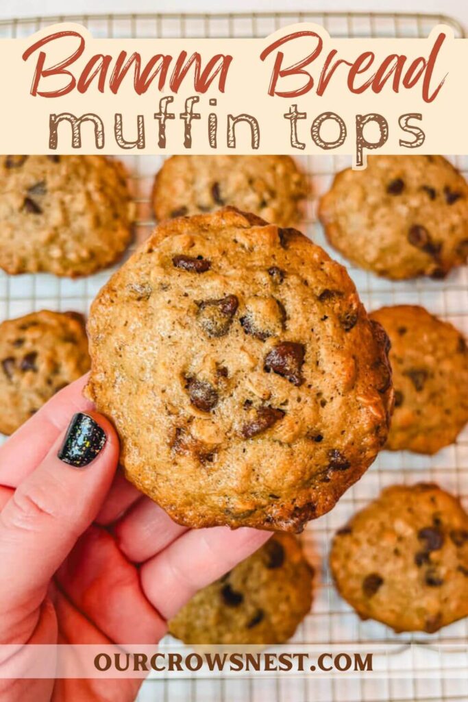 image of a muffin top being held over other muffin tops with the text, "Banana Bread Muffin Tops" for Pinterest.