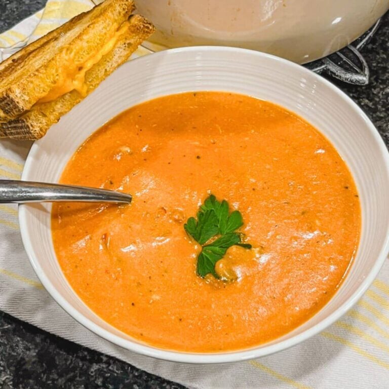 a white bowl holding a serving of isaac's creamy pepperjack tomato soup with a grilled cheese sandwich leaning up against the bowl.