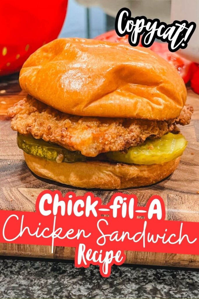 a pinterest image featuring a copycat ALDI red bag chicken chick-fil-a sandwich on a cutting board.