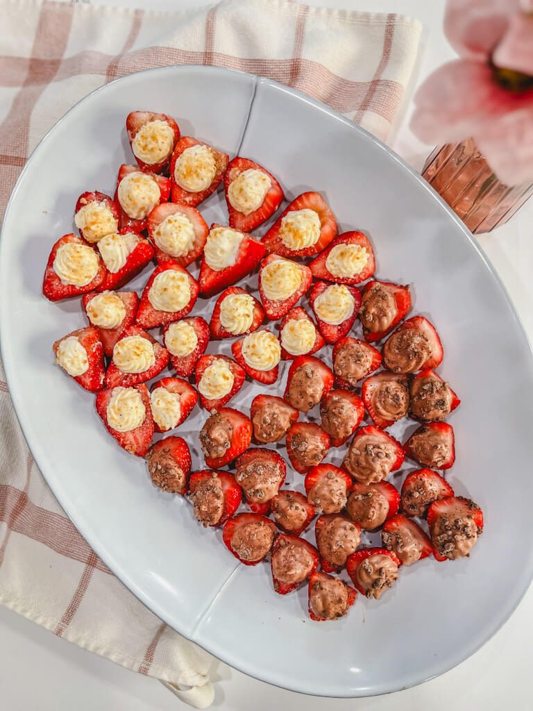 image of deviled strawberries on a white serving platter.