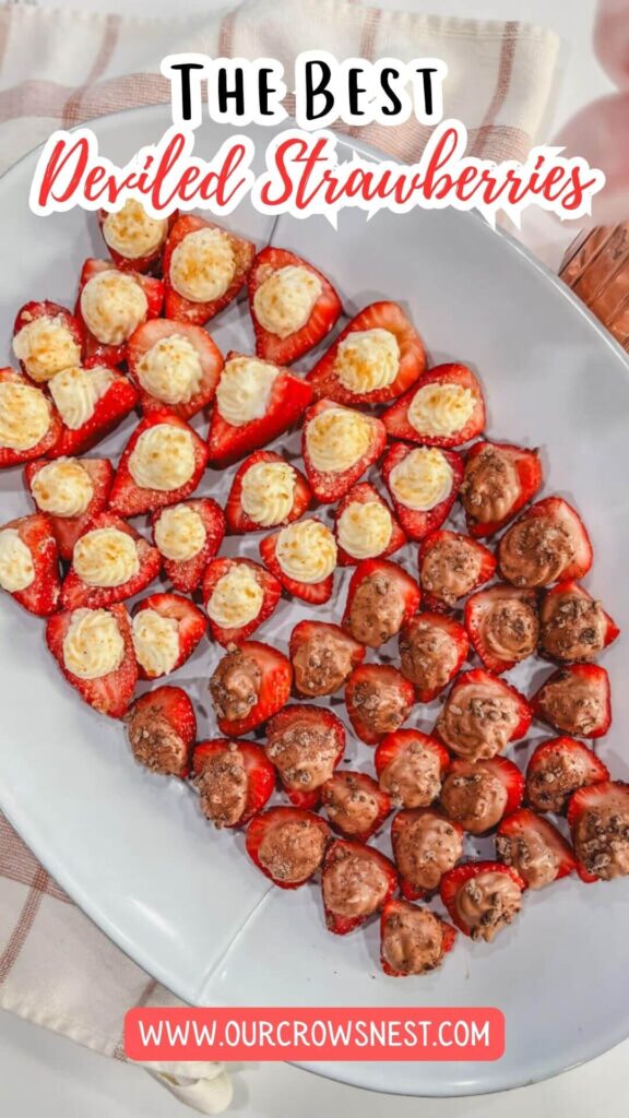 a white platter holding deviled strawberries with the text, "The Best Deviled Strawberries" over the image.