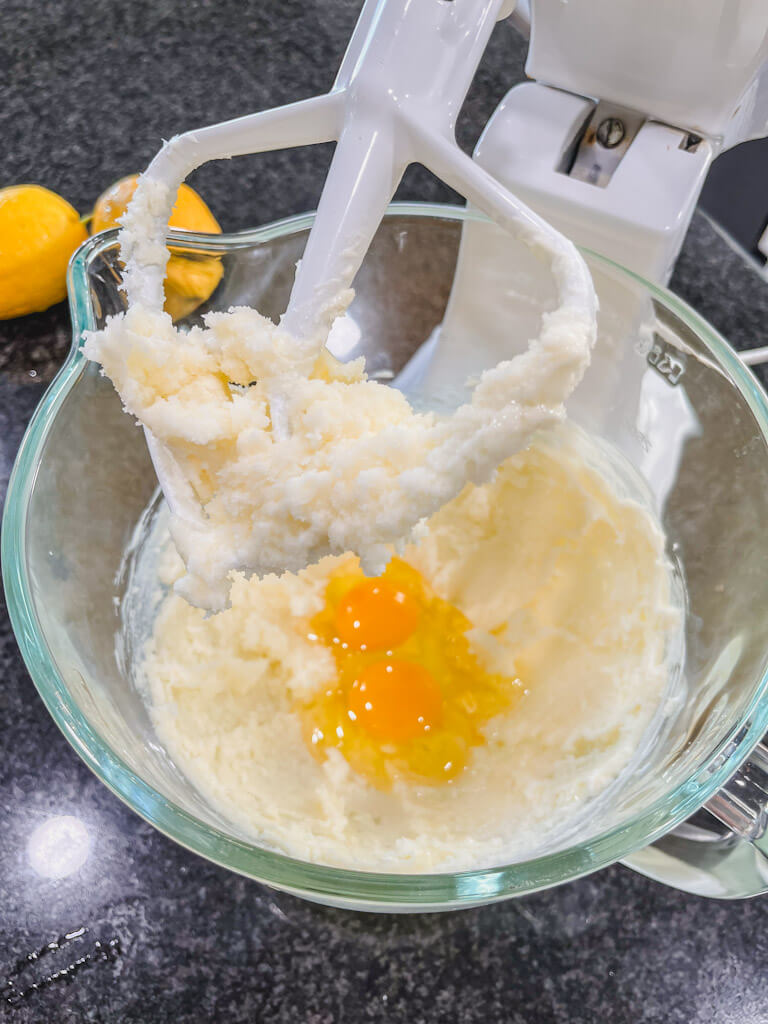 two eggs added to the creamed butter and sugar.