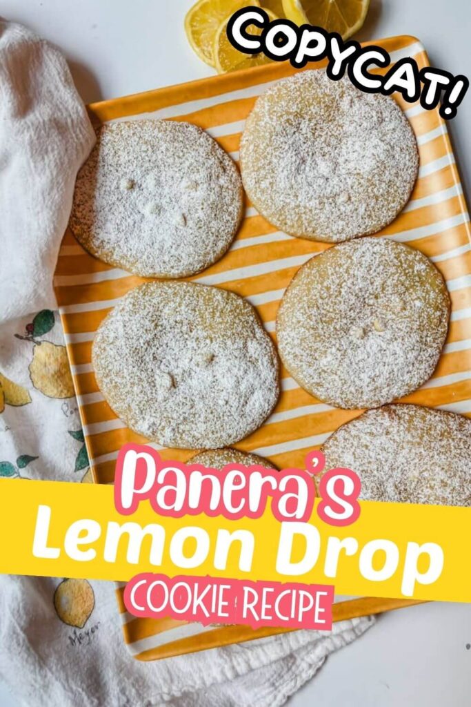a yellow serving platter holding 6 panera lemon drop cookies with a lemon towel next to the cookies.