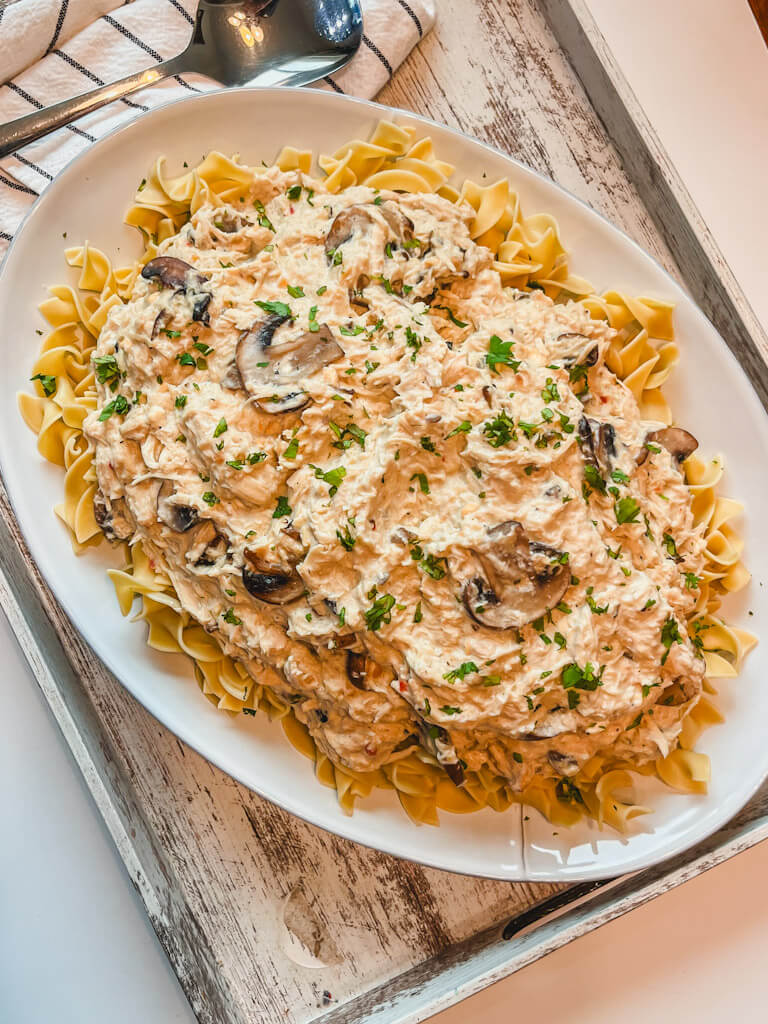 5 ingredient slow cooker chicken on top of egg noodles on a white serving dish.
