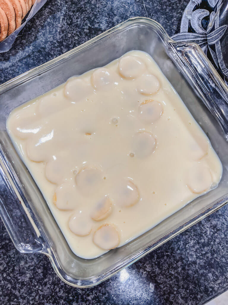 half of the pudding poured over both the banana layer and the cookie layer.