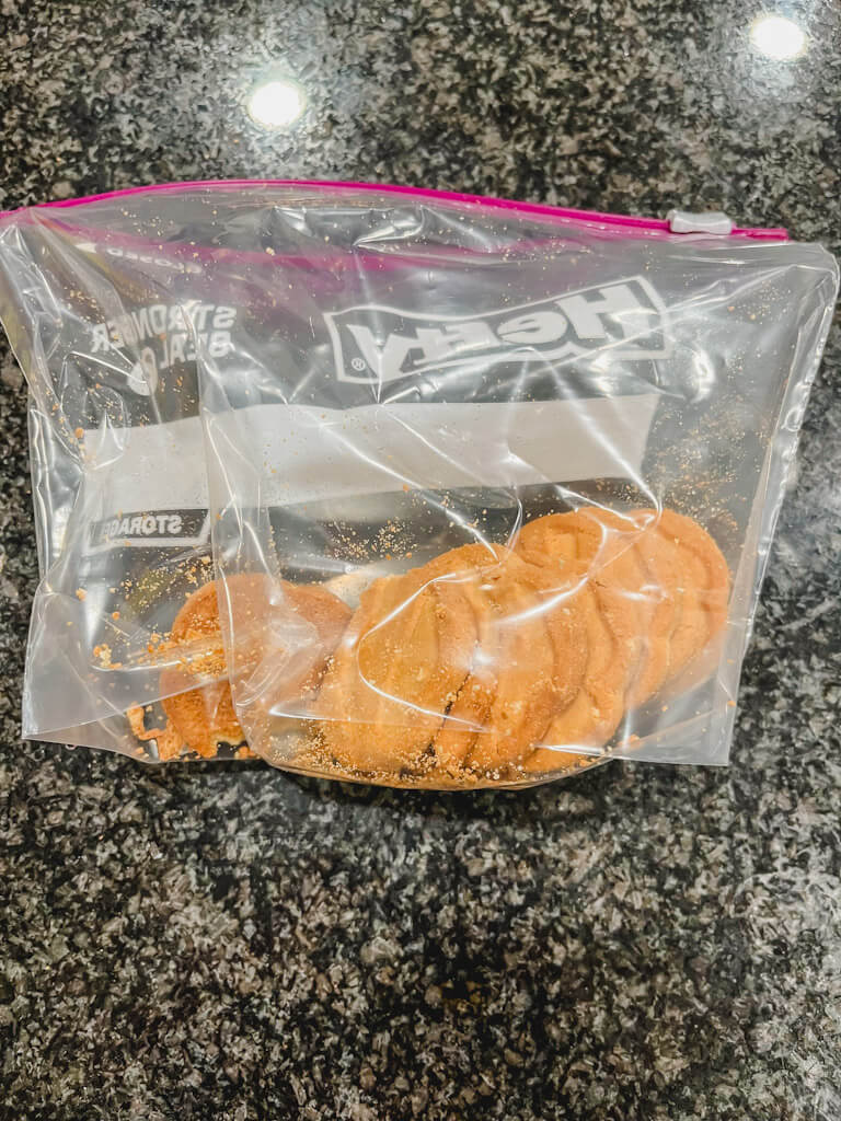 leftover trefoils girl scout cookies in a sandwich bag.