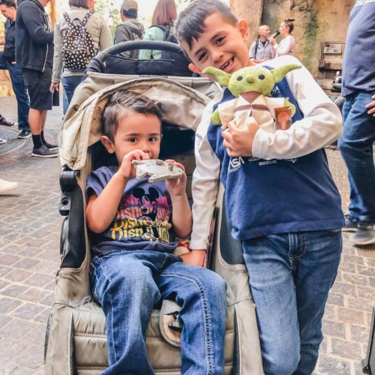 one boy in a stroller with one boy standing next to a stroller at disney world.