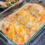 chicken bacon ranch bake in a glass casserole dish.