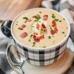 a large mug of panera bread baked potato soup on a white plate.