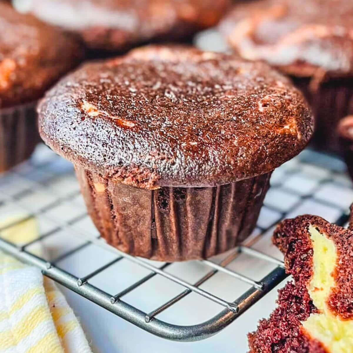 copycat starbucks chocolate cream cheese muffin on a wire rack.