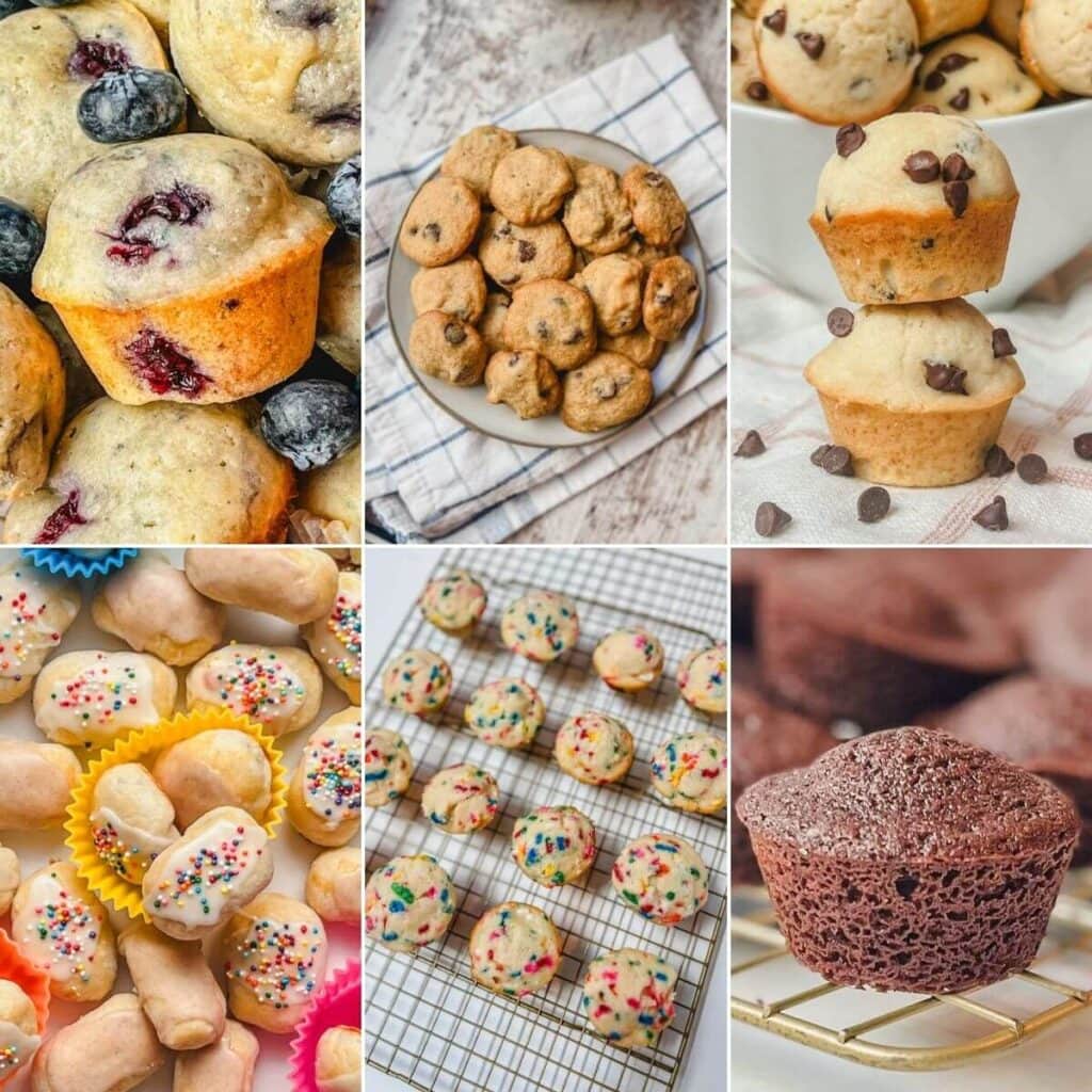 six images of homemade lunchbox snacks that are freezer friendly. They include mini blueberry muffins, pop tart bites, funfetti bites, mini chocolate chip cookies, brownie bites, and mini chocolate chip muffins.