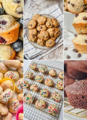 six images of homemade lunchbox snacks that are freezer friendly. They include mini blueberry muffins, pop tart bites, funfetti bites, mini chocolate chip cookies, brownie bites, and mini chocolate chip muffins.