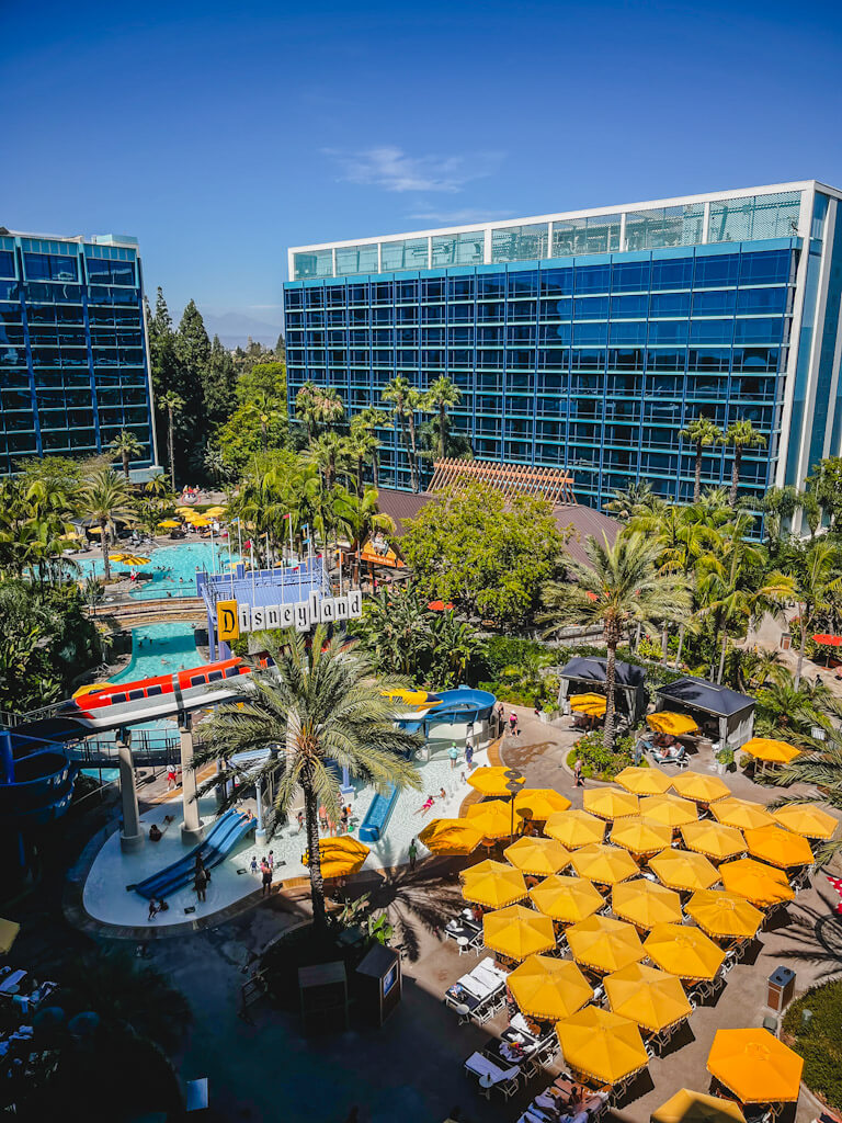 view of pool and other towers from our balcony in a one bedroom villa at Disneyland Hotel.