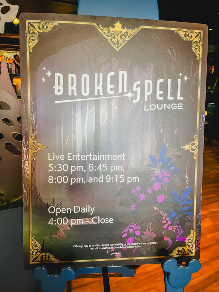 the hours of the Broken Spell Lounge at the Disneyland Hotel.