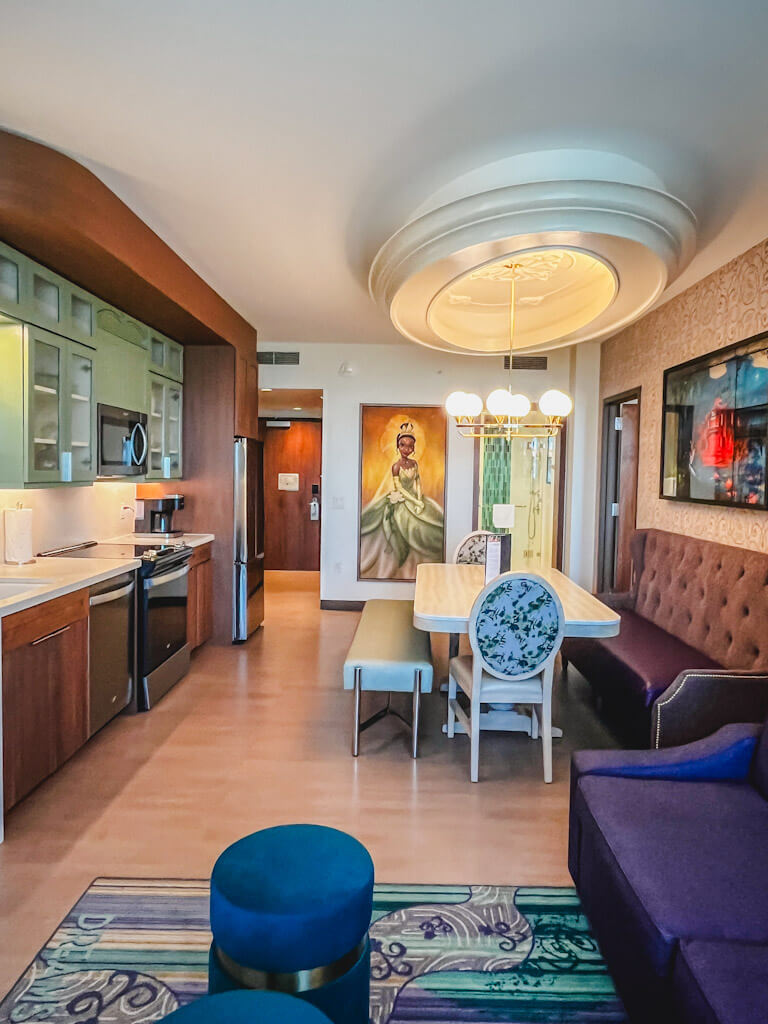 view of kitchen and dining area in a one bedroom villa at Disneyland hotel.