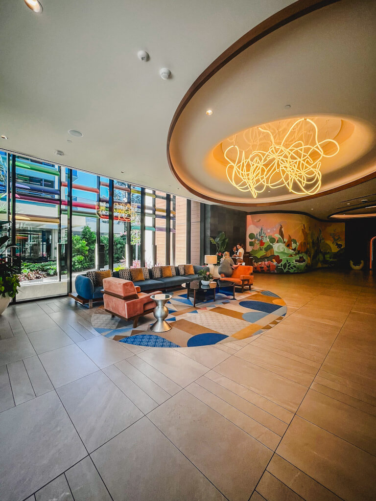 sitting area in the lobby of the Discovery Tower.