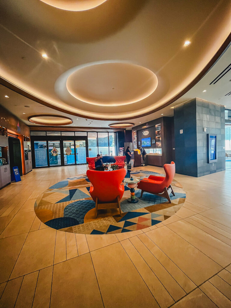 a seating area in the lobby of the Discovery Tower at the Villas at Disneyland Hotel.