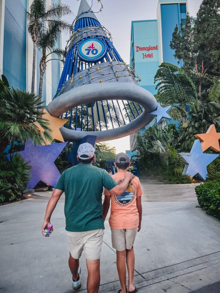 view of Mickey's Sorcerers hat path to the Disneyland Hotel from Downtown Disney.