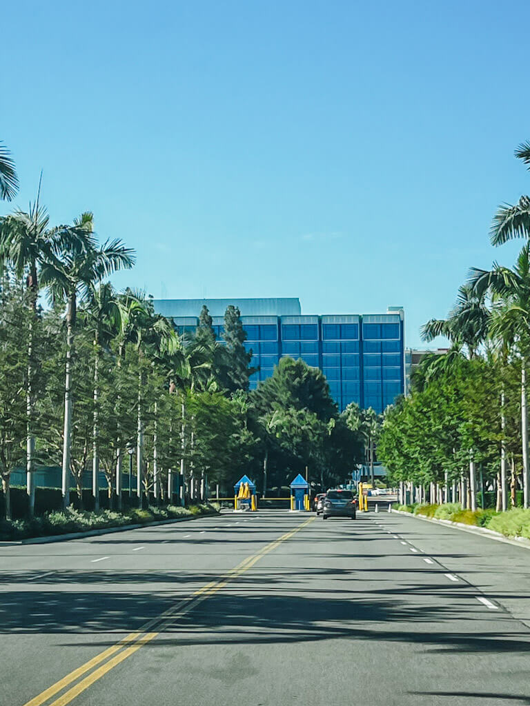view of the Fantasy Tower upon driving into the Disneyland Hotel property.