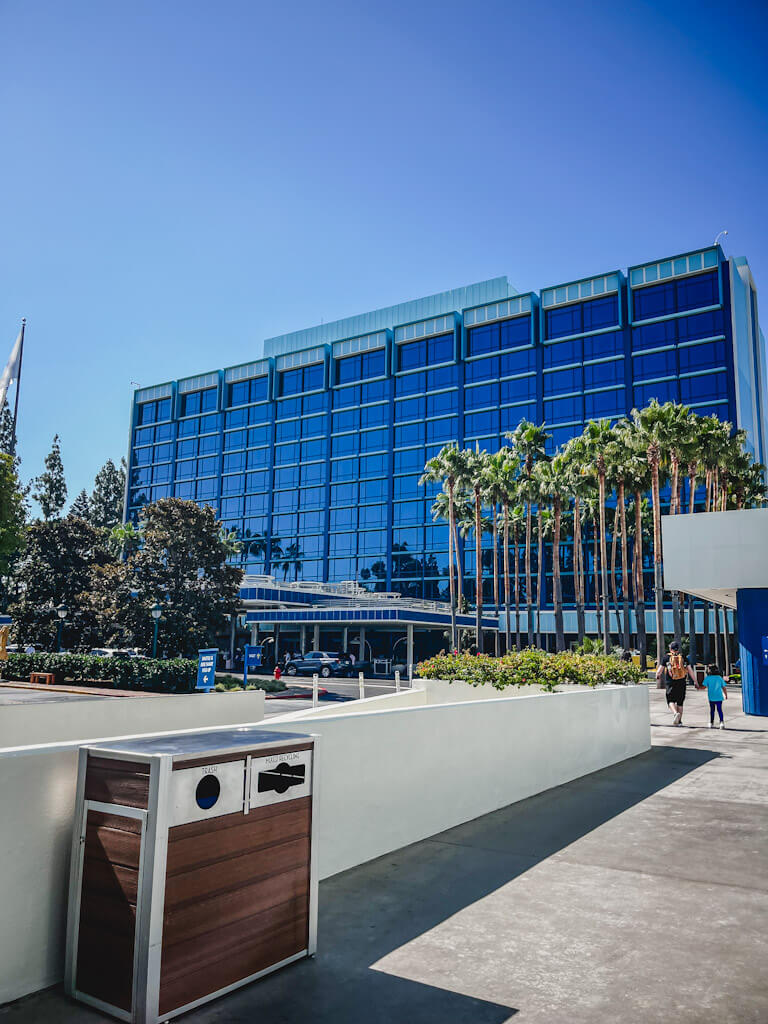 view of the Fantasy Tower at Disneyland Hotel from the self-parking lot area.