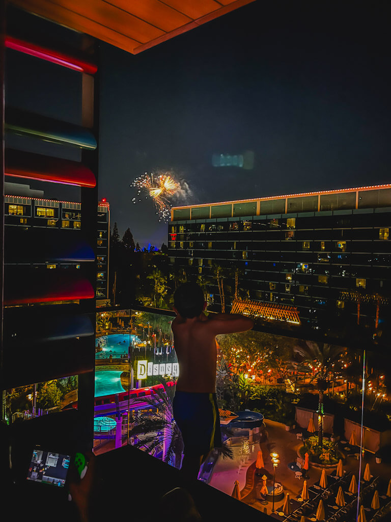 view of the Disneyland nighttime fireworks from the balcony of a one bedroom villa at Disneyland Hotel.