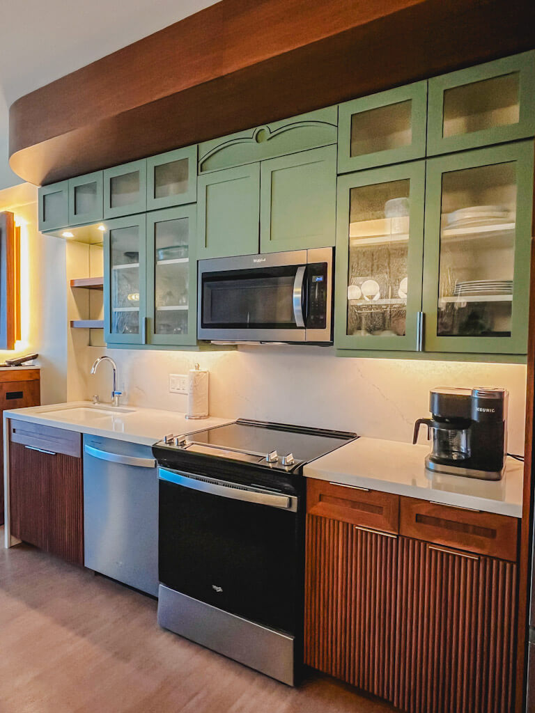 kitchen with microwave, stove, oven and dishwasher in a one bedroom villa at Disneyland Hotel.