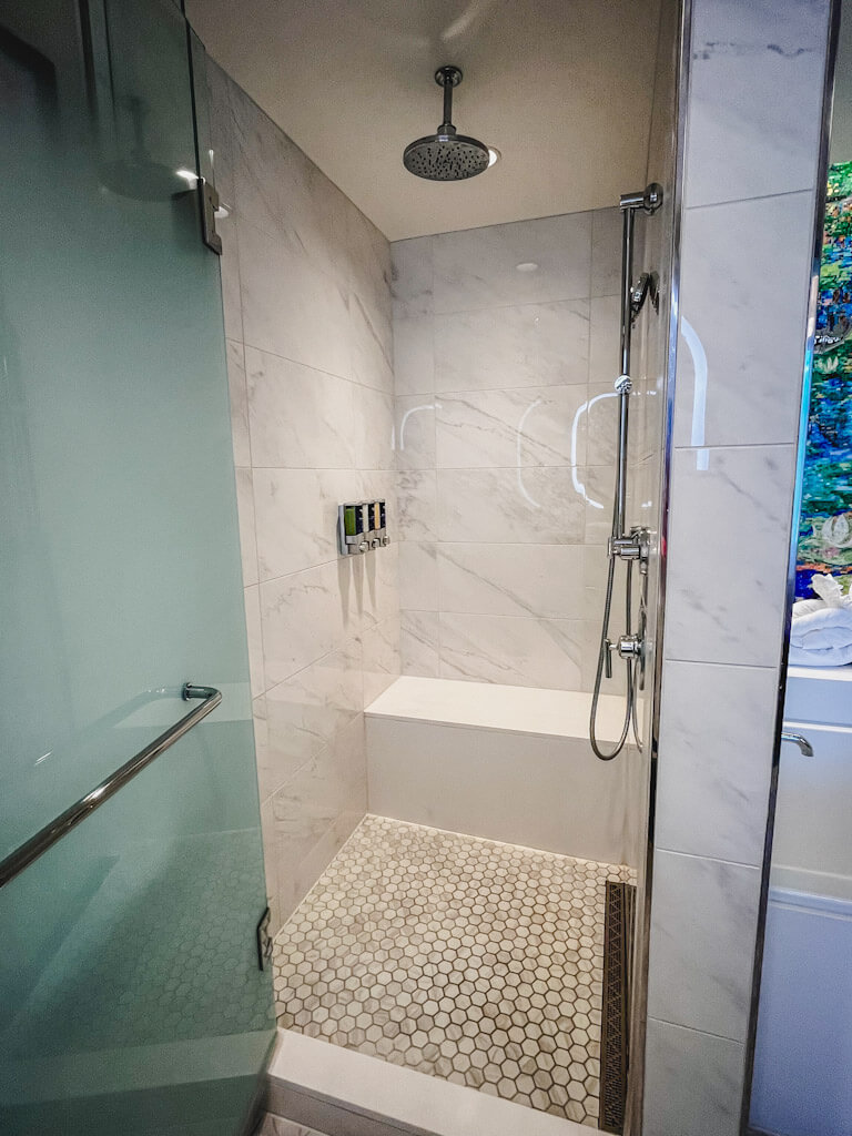walk in shower in the master bathroom of a one bedroom villa at Disneyland Hotel.
