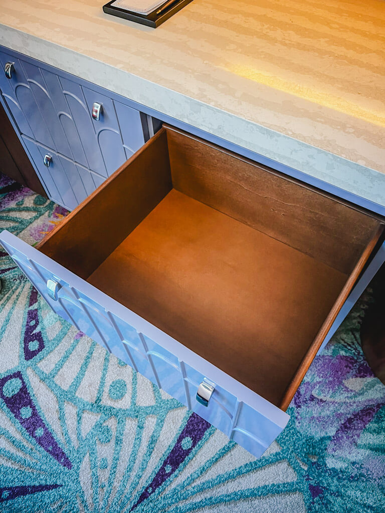 deep drawers in the master bedroom in a one bedroom villa at Disneyland Hotel.