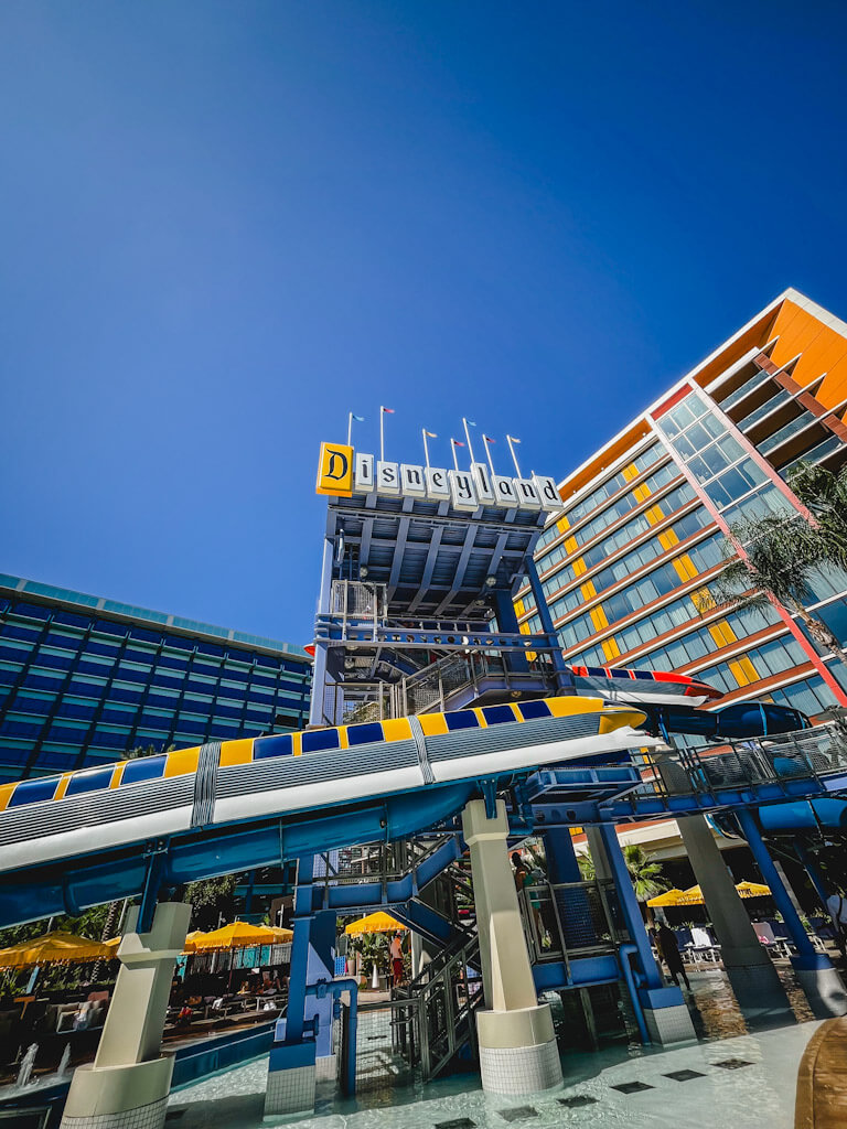Monorail slide with the Discovery Tower in the background.
